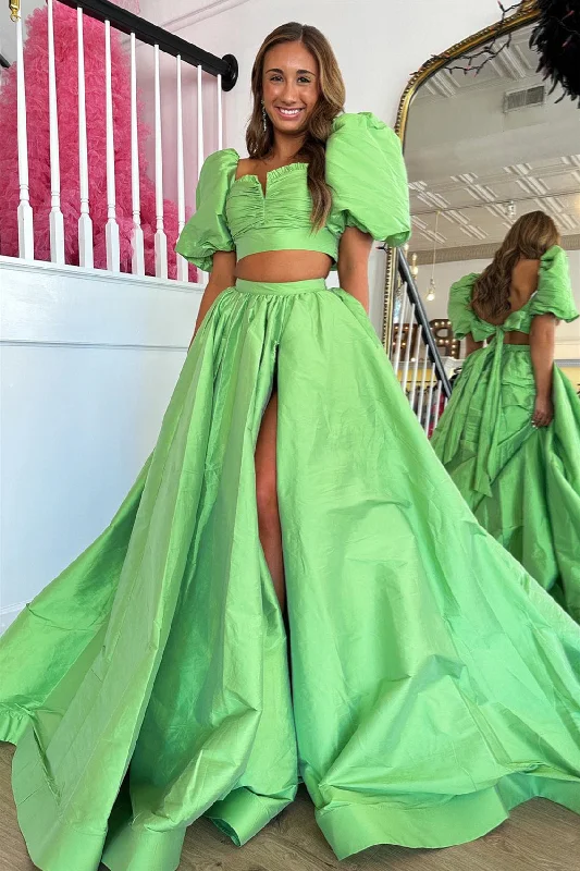 stylish dressGreen Puff Sleeves Bow Tie Back Two-Piece Aline Long Prom Dress with Slit