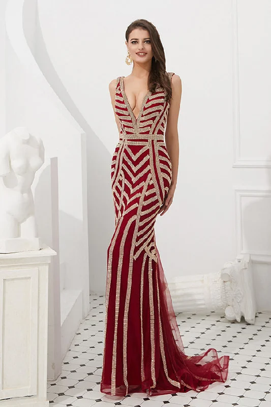 formal dressDark Red Mermaid Long Prom Dress with Beading