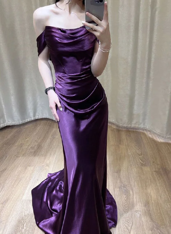 chic slip dressPurple Satin Off Shoulder Long Evening Dress, Satin Prom Dress Y7440