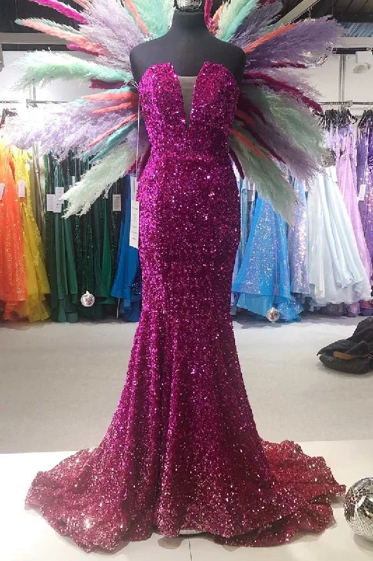 silk dressFuchsia Sequin Strapless Mermaid Long Formal Dress