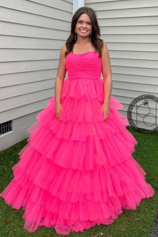 denim dressFuchsia Strapless Ruffle Layers Pleated Long Prom Dress