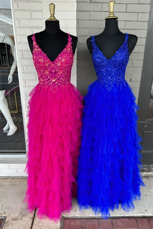 elegant evening dressFuchsia Layers Floral Tulle A-line Long Prom Dress