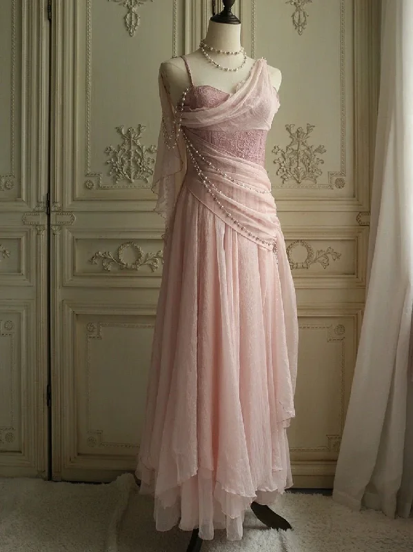 t-shirt dressVintage Pink One Shoulder Chiffon Evening Dress A Line Prom Dress Y7791