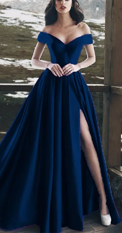 fitted bodycon dressNavy Blue Evening Gowns Long Satin Split Prom Dresses S6535