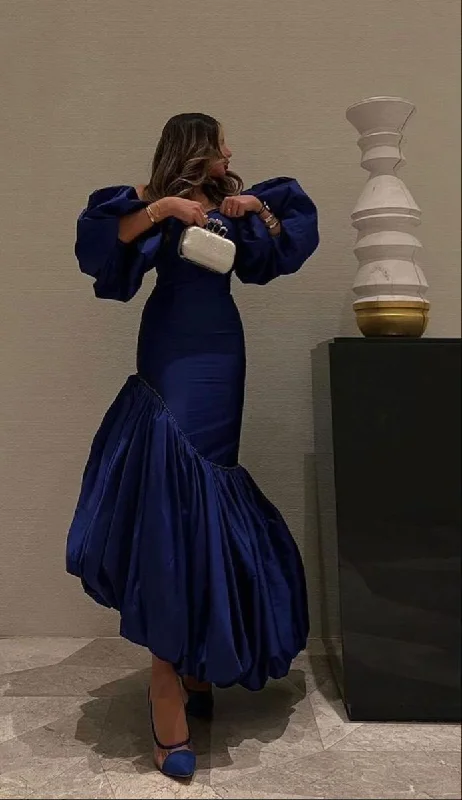 wrap-around dressUnique Puff Sleeves Blue Pleated Mermaid Evening Dress Formal Prom Dress Y7789