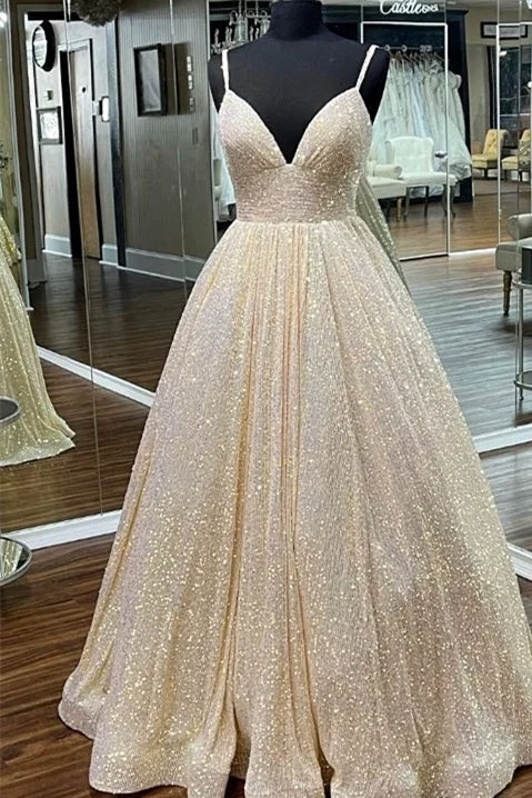 velvet dressChampagne Sequin Empire A-line Long Prom Dress