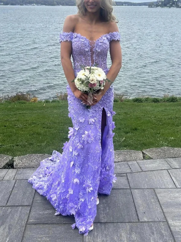 sleeveless dressPretty Off the Shoulder Mermaid Lilac Lace Floral Long Prom Dresses, High Slit Graduation Evening Dresses Y7848