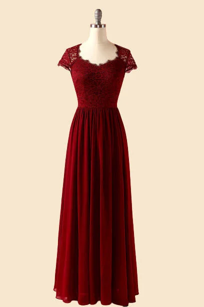 floral wrap dressCrew Neck Cap Sleeve Burgundy Long Bridesmaid Dress