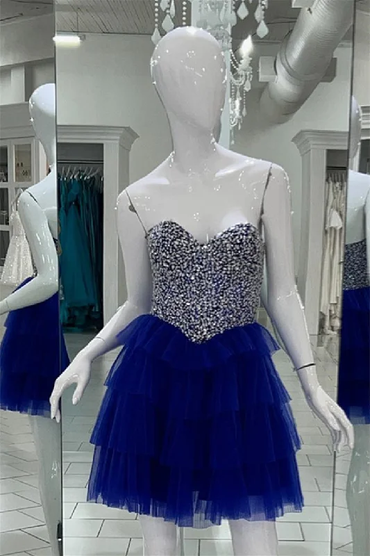 form-fitting dressRoyal Blue Beaded Top A-line Multi-Layers Homecoming Dress