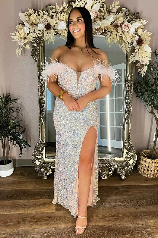 classic fit-and-flare dressPink Iridescent Sequin Feather Off-the-Shoulder Long Prom Dress with Slit