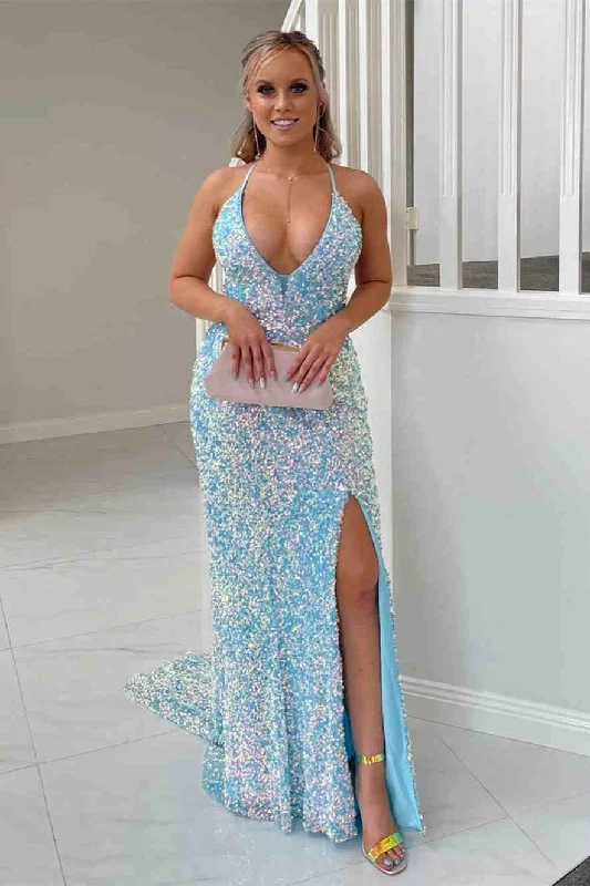 A-line dressGlitter Halter Light Blue Sequined Prom Dress