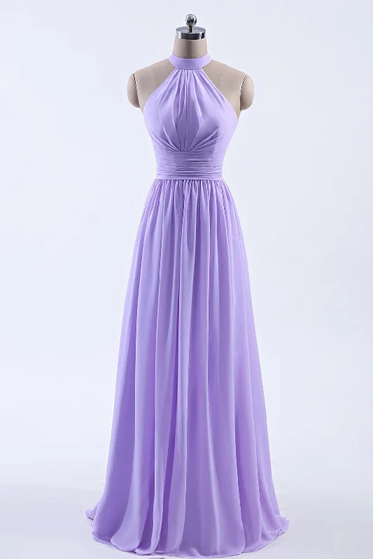 sleek midi dressHigh Neck Lavender Chiffon Empire A-line Long Bridesmaid Dress