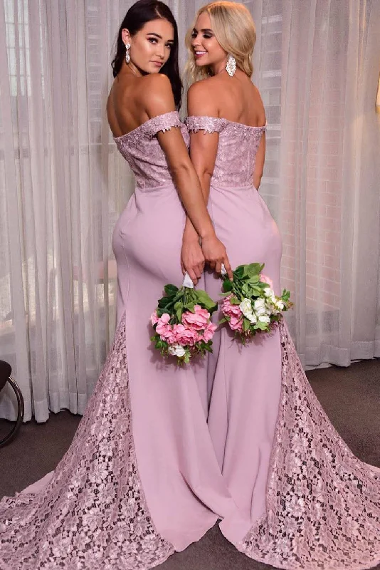 modern dressElegant Off Shoulder Mermaid Lilac Bridesmaid Dress with Train