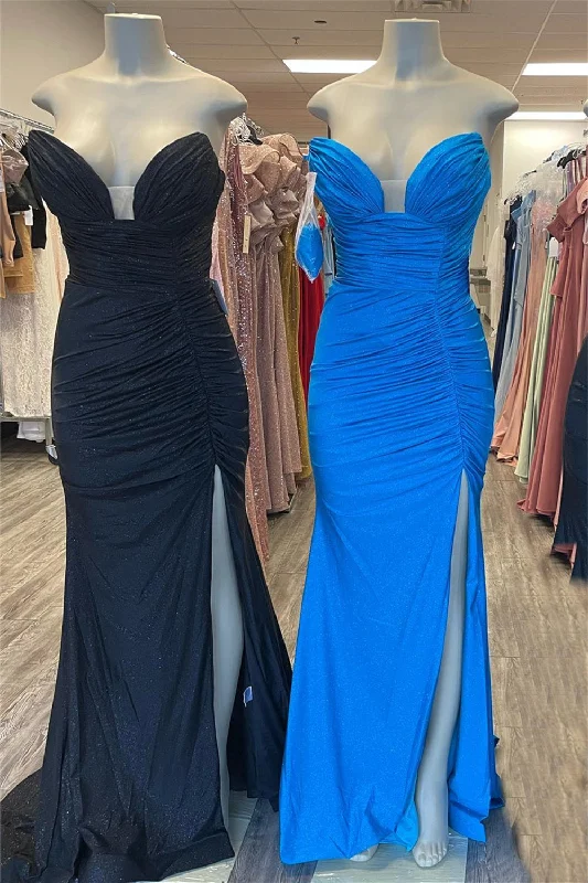 trendy wrap dressBlack & Blue Jay Strapless Mermaid Pleated Long Prom Dress with Slit