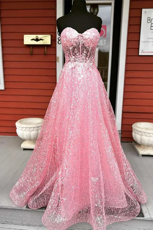 trendy mini dressGlitter Pink Sweetheart Appliques A-Line Prom Dress