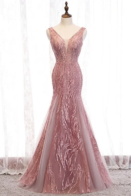 draped dressElegant Mermaid Blush Long Prom Dress