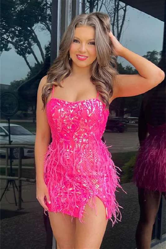 ruched dressHot Pink Sequins Straps Homecoming Dress with Feathers