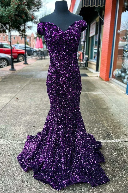 summer dressPurple Sequin Off-the-Shoulder Lace-Up Mermaid Long Dress