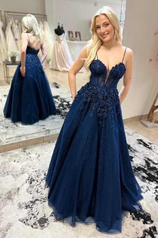 vintage-inspired dressNavy Blue Straps Plunging V Floral Beaded Long Prom Dress