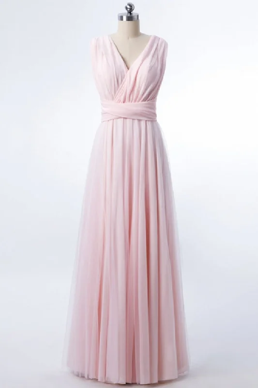 modern dressBlush Pink V-Neck Lace-Up A-Line Bridesmaid Dress