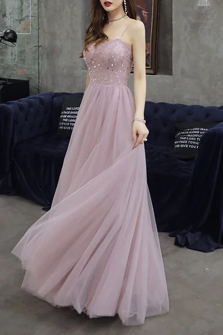 A-line dressElegant Spaghetti Straps A-Line Pink Long Prom Dress