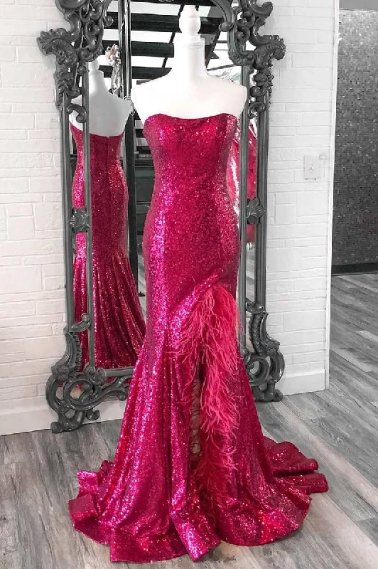 shift dressFuchsia Sequin Feather Strapless Mermaid Long Prom Dress with Slit