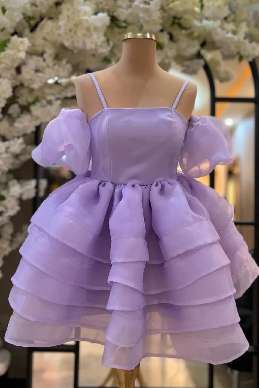 chic slip dressLavender Cold Shoulder Straps Puff Sleeves Layers Homecoming Dress