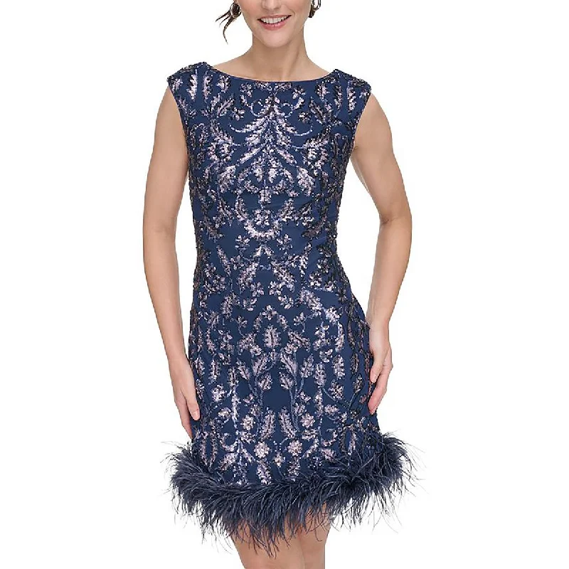 party dressPetites Womens Sequined Feathered Sheath Dress