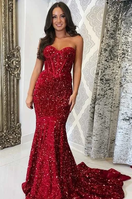 elegant shift dressRed Sequin Corset-Top Mermaid Long Prom Gown