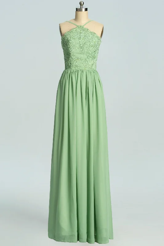 casual midi dressStraps Sage Green Chiffon Appliques Long Bridesmaid Dress