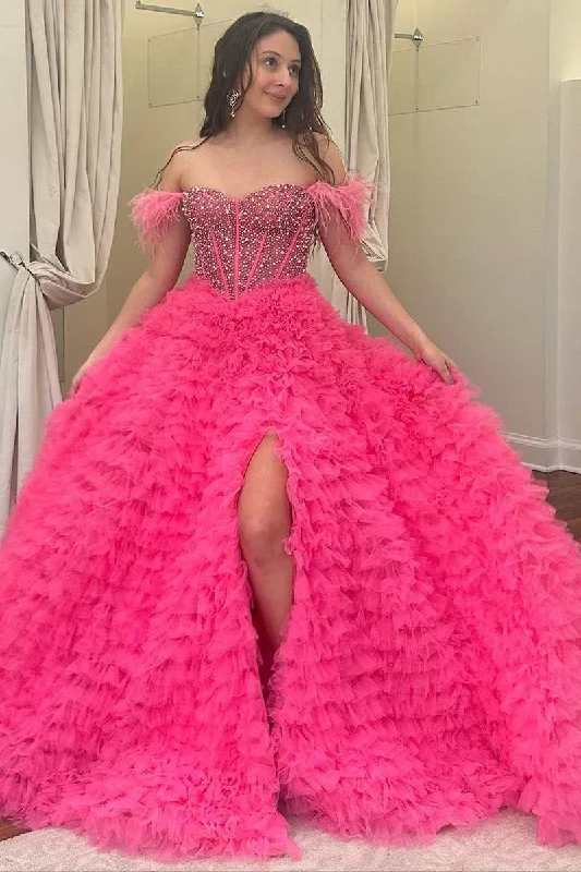 satin dressHot Pink Beaded Feather Off-the-Shoulder Tiered Long Prom Dress with Slit