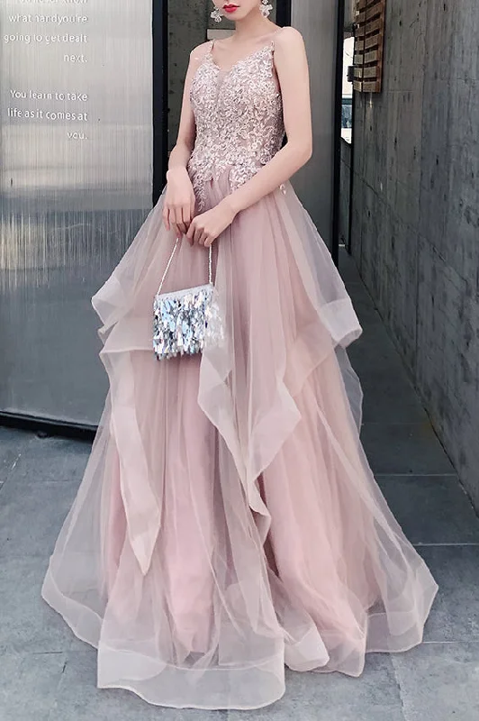 casual day dressElegant Straps A-Line Appliques Dusty Rose Long Prom Dress