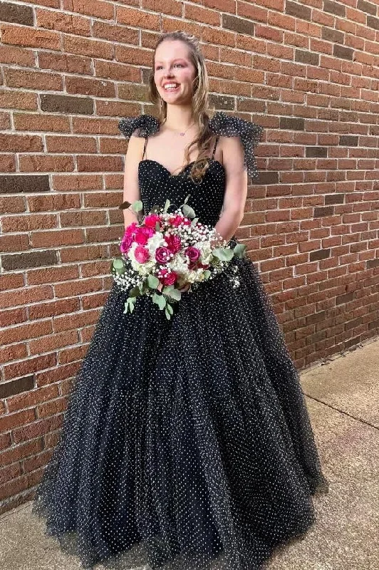 satin midi dressBlack Bow Tie Shoulder Dot Tulle A-line Long Prom Dress