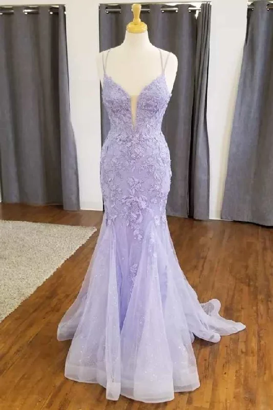 denim dressMermaid Lavender Floral Lace Straps Long Prom Dress