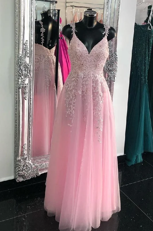 casual midi dressPrincess Pink Tulle Long Prom Dress with Appliques