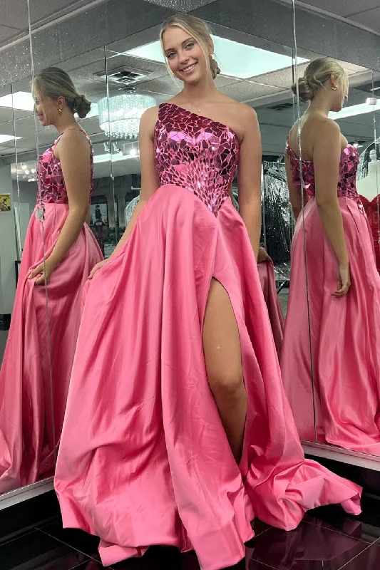 casual summer dressHot Pink One Shoulder Mirror-Cut Sequins Top Long Prom Dress with Slit