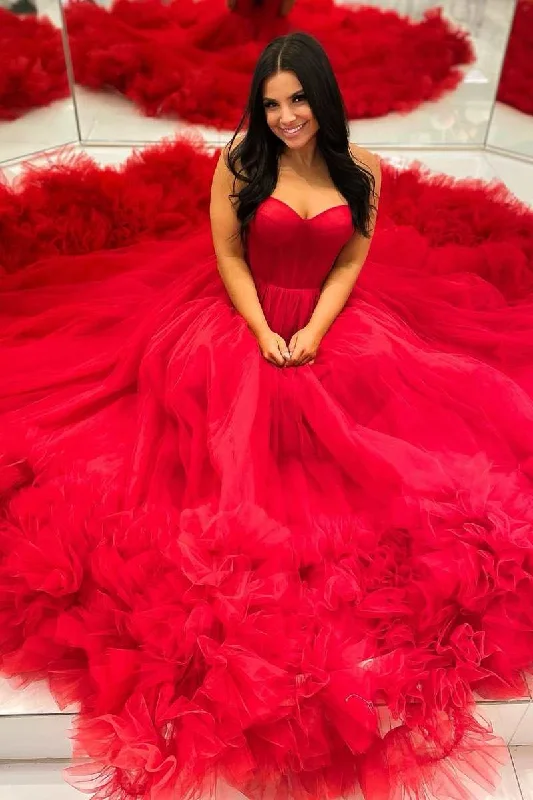 romantic dressRed Sweetheart A-Line Long Prom Gown with Ruffles