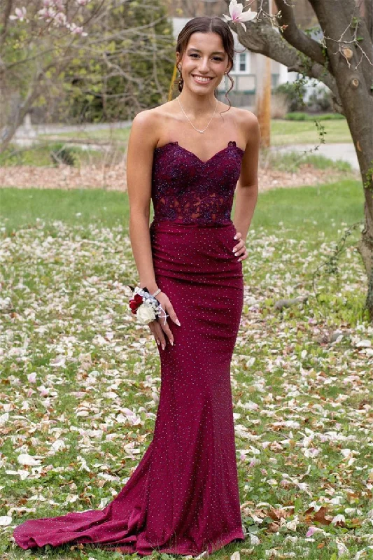 long-sleeve floral dressBurgundy Mermaid Strapless Beaded Appliques Lace-Up Long Prom Dress