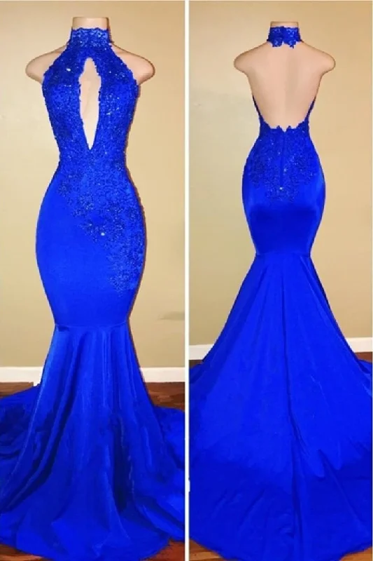 evening dressElegant Mermaid High Neck Royal Blue Long Prom Dress