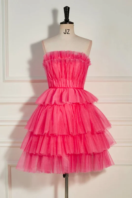 comfy maxi dressWatermelon Strapless Multi-Layers A-line Tulle Homecoming Dress