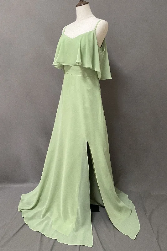 t-shirt dressRuffles Sage Green Straps A-Line Long Bridesmaid Dress with Slit