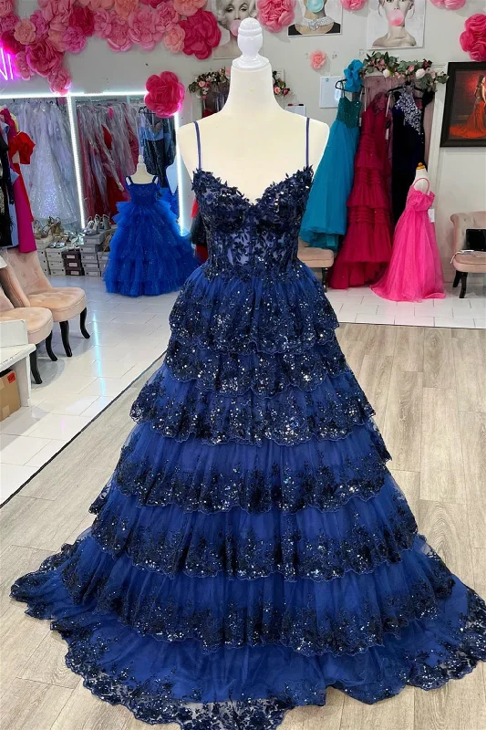 summer dressNavy Blue Floral Multi-Layers Sequined Straps Long Prom Dress