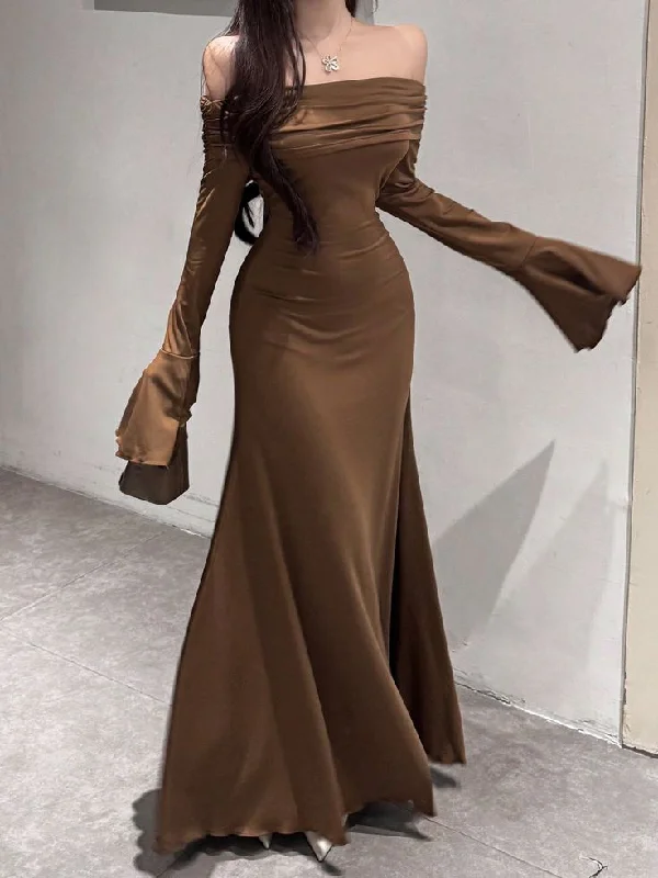 vintage-inspired dressElegant Off The Shoulder Long Satin Mermaid Evening Dress Prom Dress Y7755