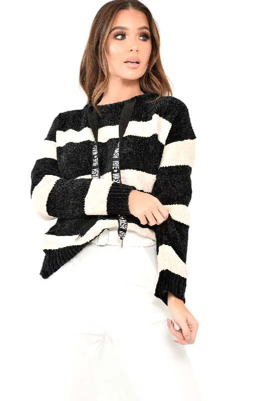 lightweight pullover sweaterBlack Cream Chenille Slogan Tape Jumper - Gwenith