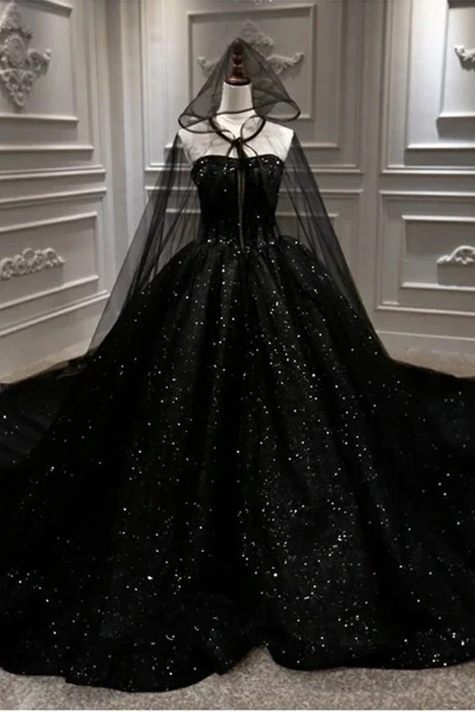 casual slip dressSequin Shiny Strapless Black Ball Gown Princess Prom Dress