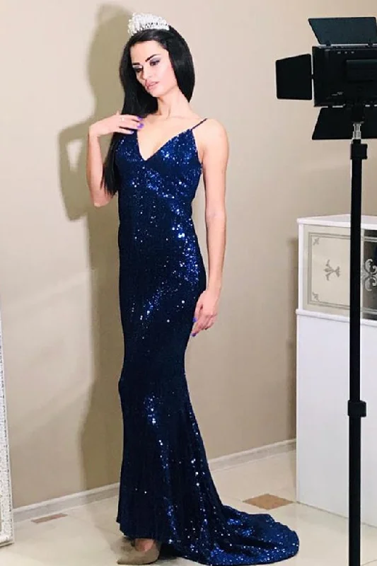 comfy dressGorgeous V Neck Mermaid Navy Blue Sequin Prom Dress