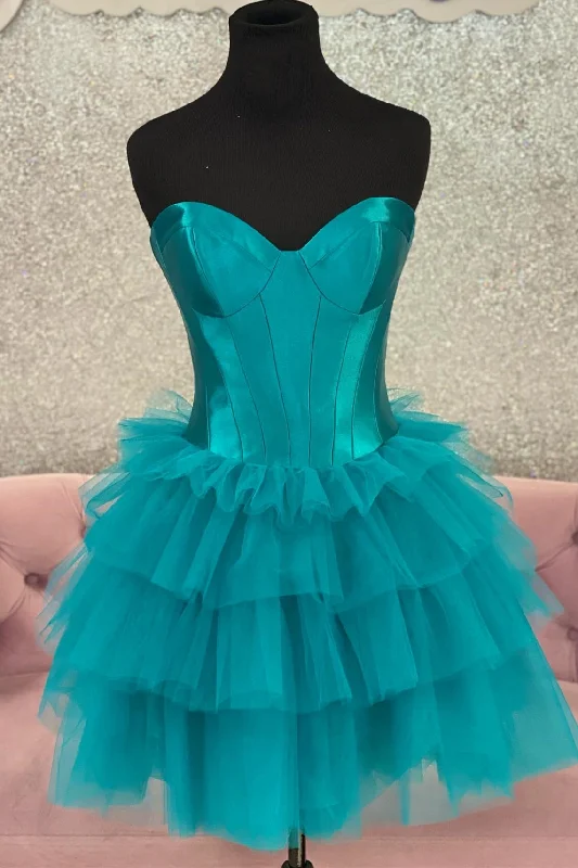 off-the-shoulder dressSweetheart Teal A-line Short Ruffle Party Dress