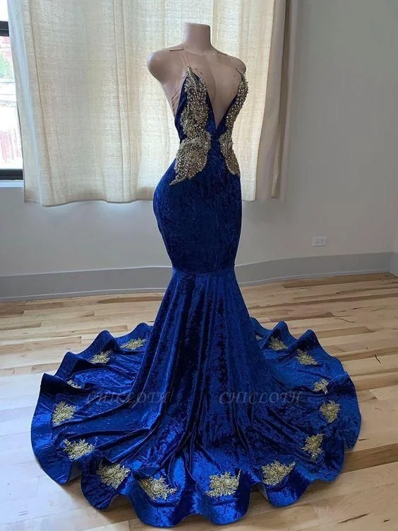 elegant evening dressExquisite Blue V-neck Spaghetti Straps Beading Sleeveless Floor-length Mermaid Prom Dresses