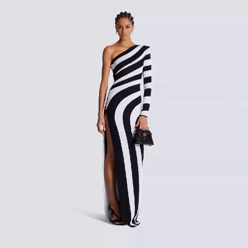 comfy maxi dressZebra Stripe Shoulder Long Sleeve Exposed Leg Bandage One-piece Dress