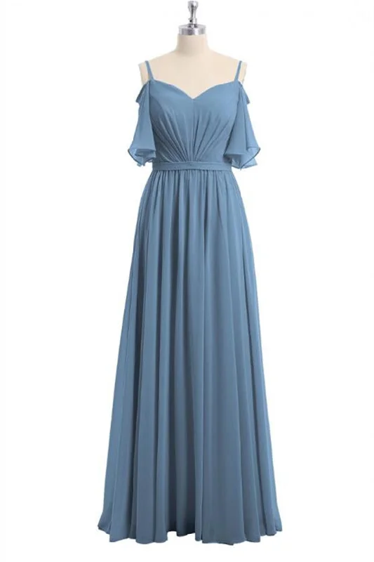 casual evening dressDusty Blue Chiffon Cold-Shoulder A-Line Bridesmaid Dress